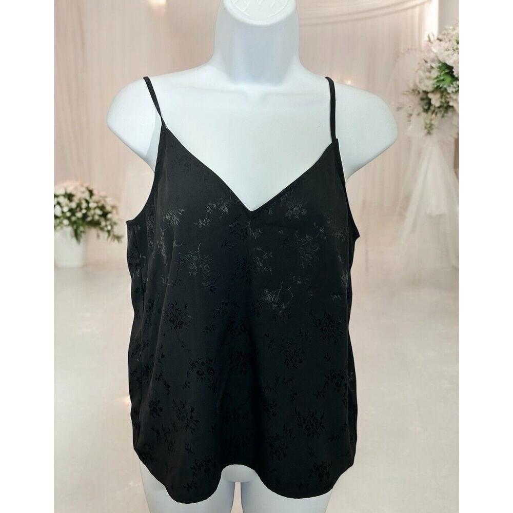 Divided H&M Black Camisole Cami Blouse Sz 4 Small Black Floral Silky Thin Strap